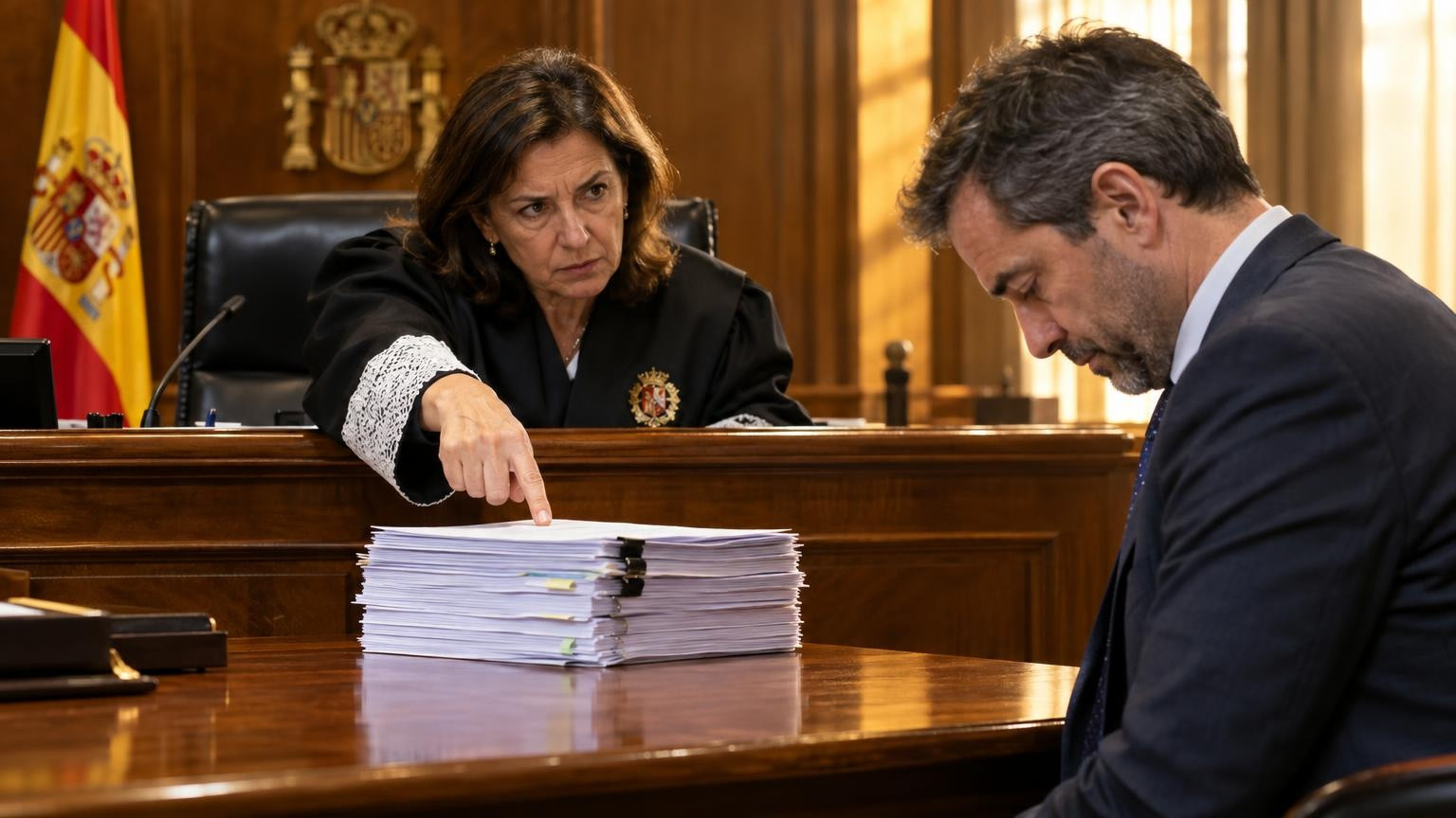Juge face à une pile de fiches de paie