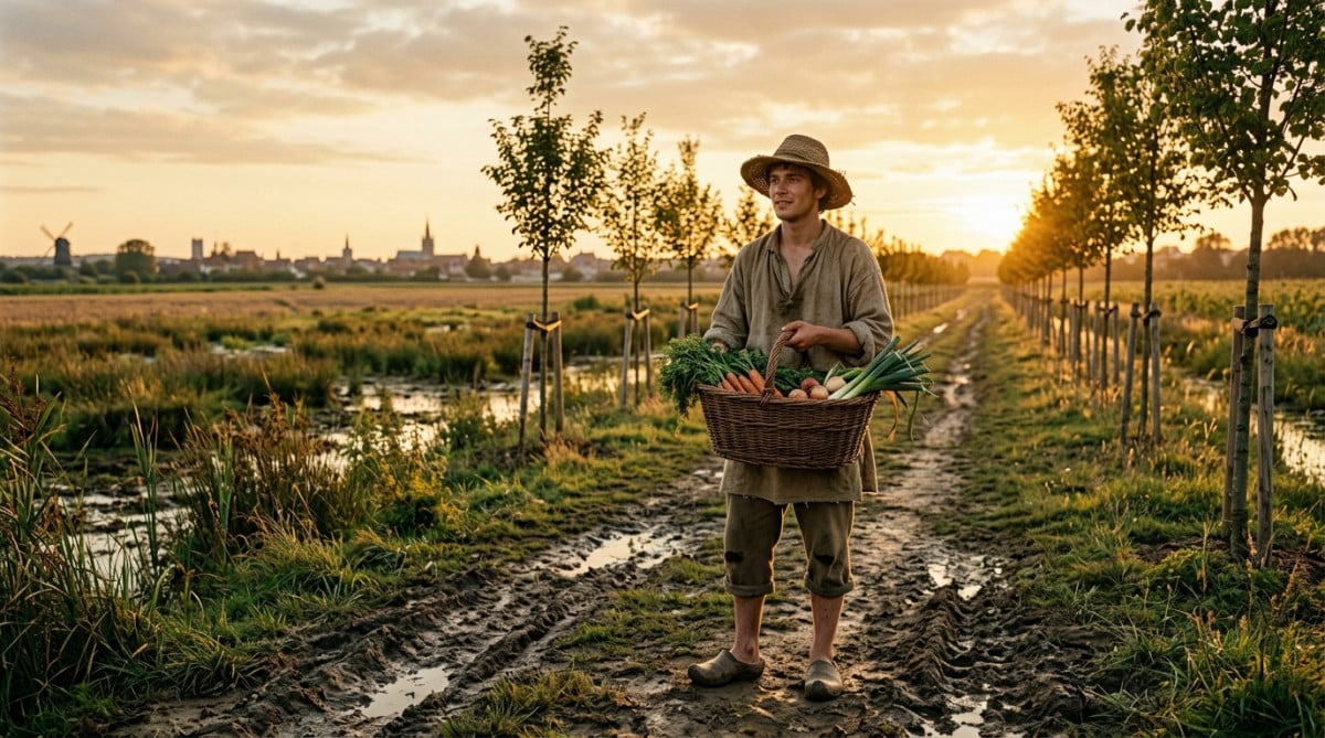 Paysan avec des légumes sur les futurs Champs-Élysées