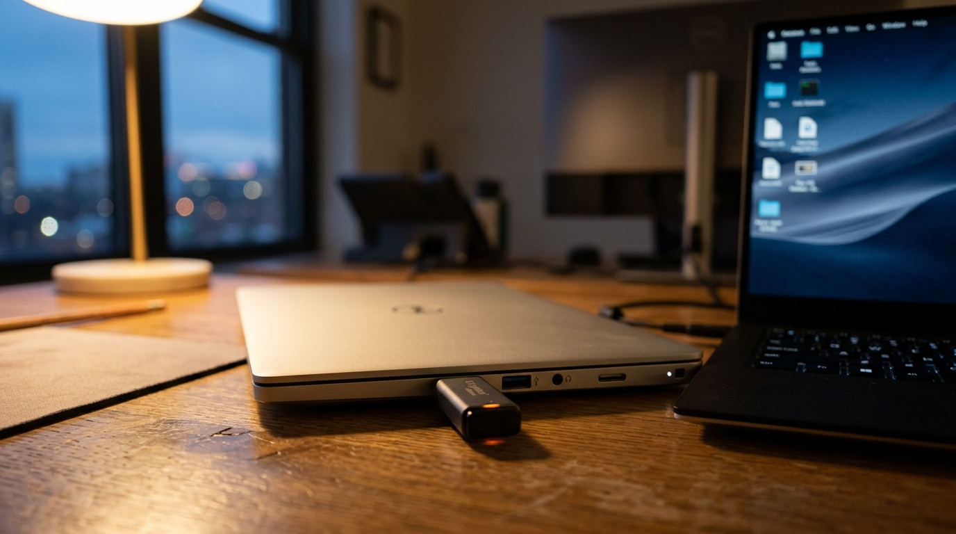 Clé USB branchée sur un ordinateur dans un bureau sombre