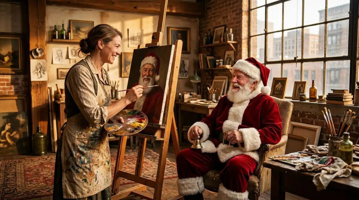 Peintre dessinant un voisin retraité en Père Noël