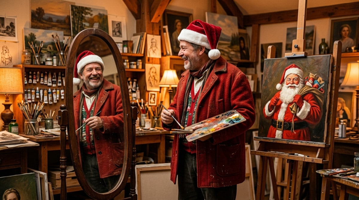 Peintre posant en Père Noël devant un miroir