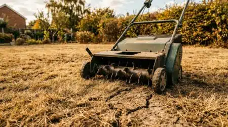 Scarificateur posé sur une pelouse jaunie et craquelée