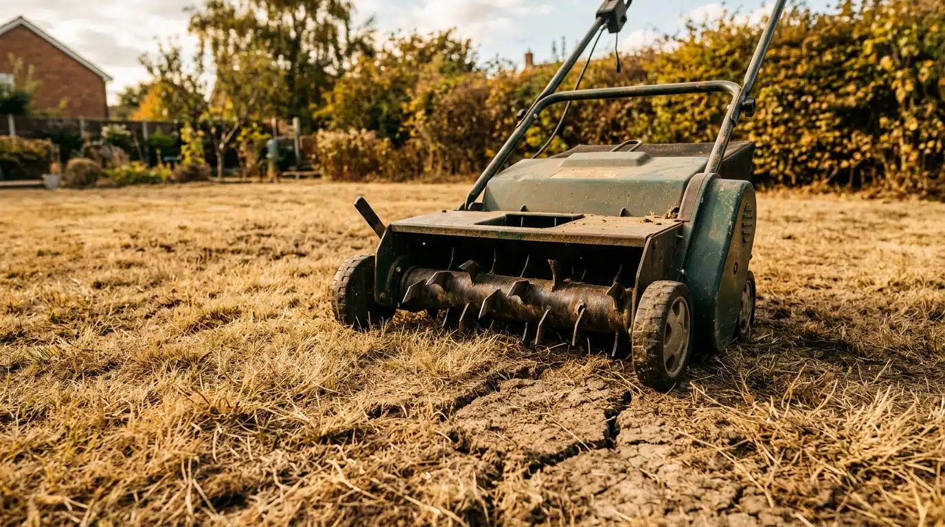 Scarificateur posé sur une pelouse jaunie et craquelée