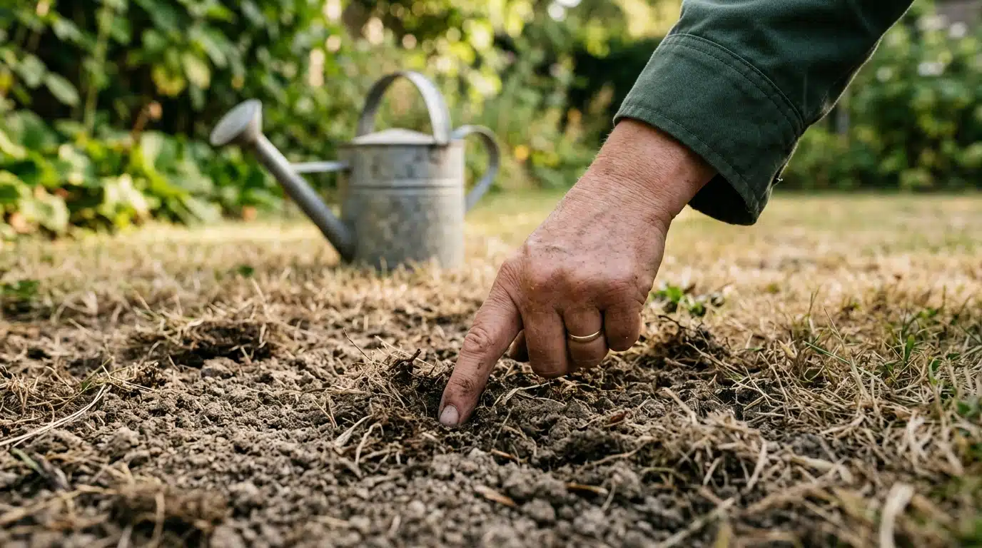 Doigt enfoncé dans la terre sèche d'une pelouse