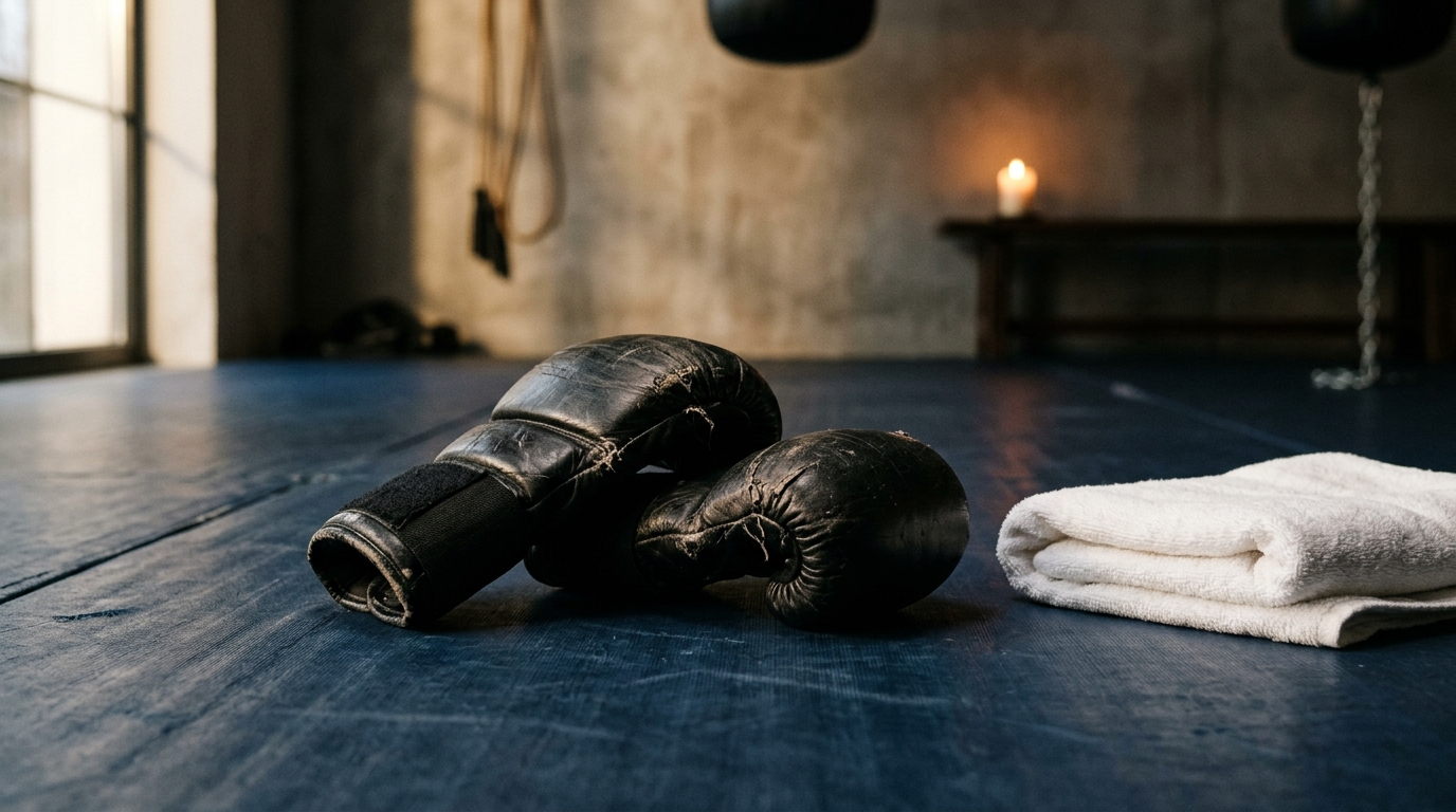 Gants de MMA posés sur un tapis avec une bougie
