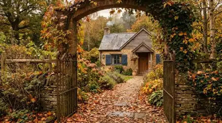 Petite maison de campagne aux volets fermés derrière un portail