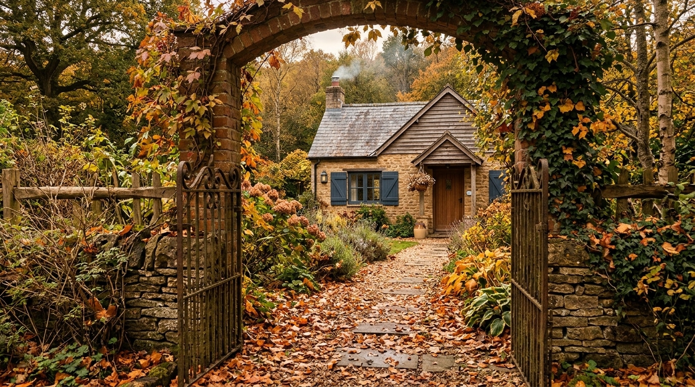 Petite maison de campagne aux volets fermés derrière un portail