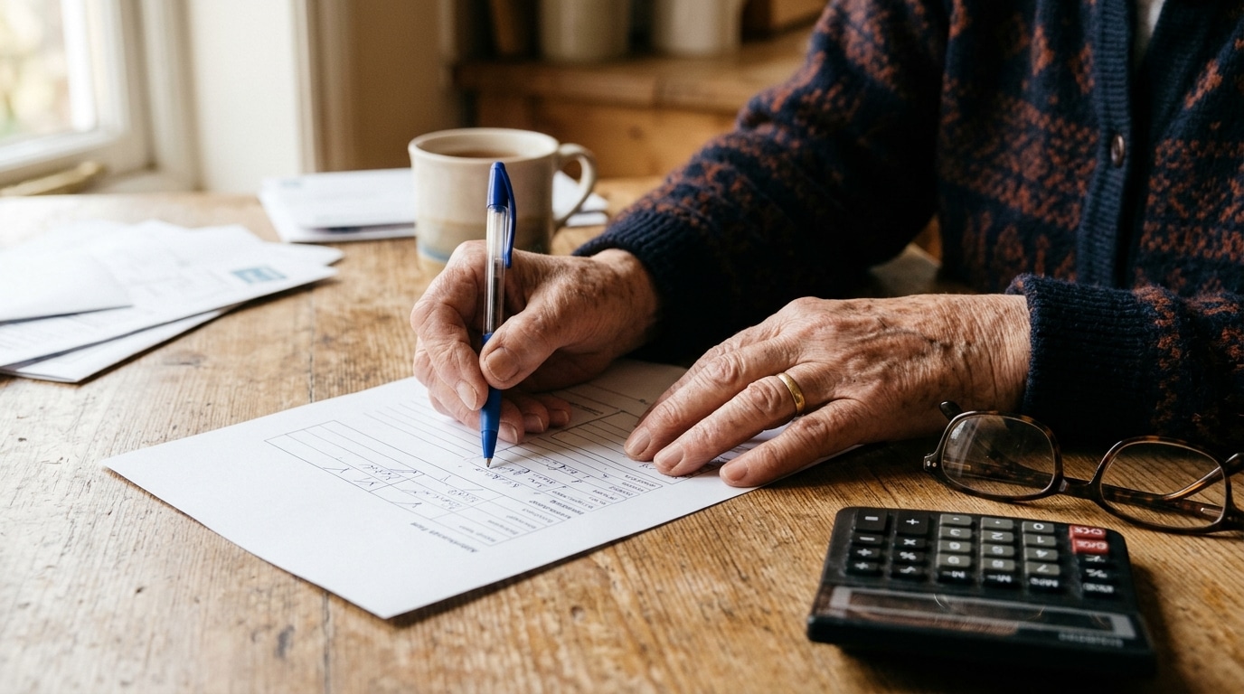 Mains de retraité tenant un stylo sur un formulaire vierge