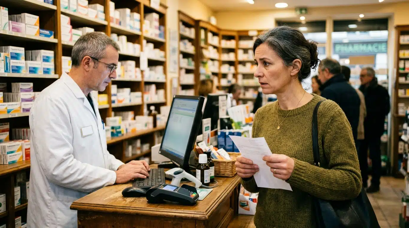 Femme inquiète avec une ordonnance au comptoir d'une pharmacie