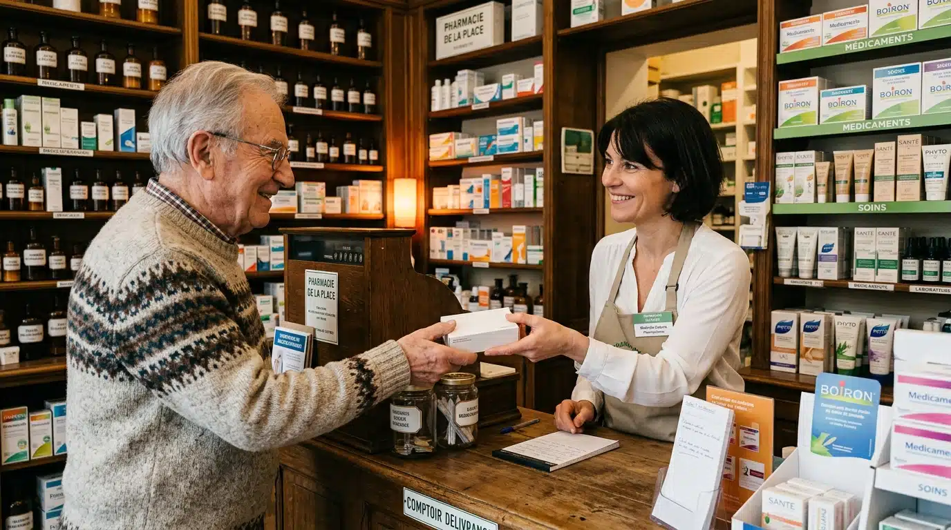 Pharmacien rassurant remettant une boîte de médicament à un client