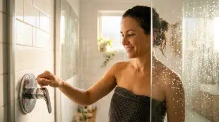 Femme fermant le robinet de sa douche pour économiser l'eau