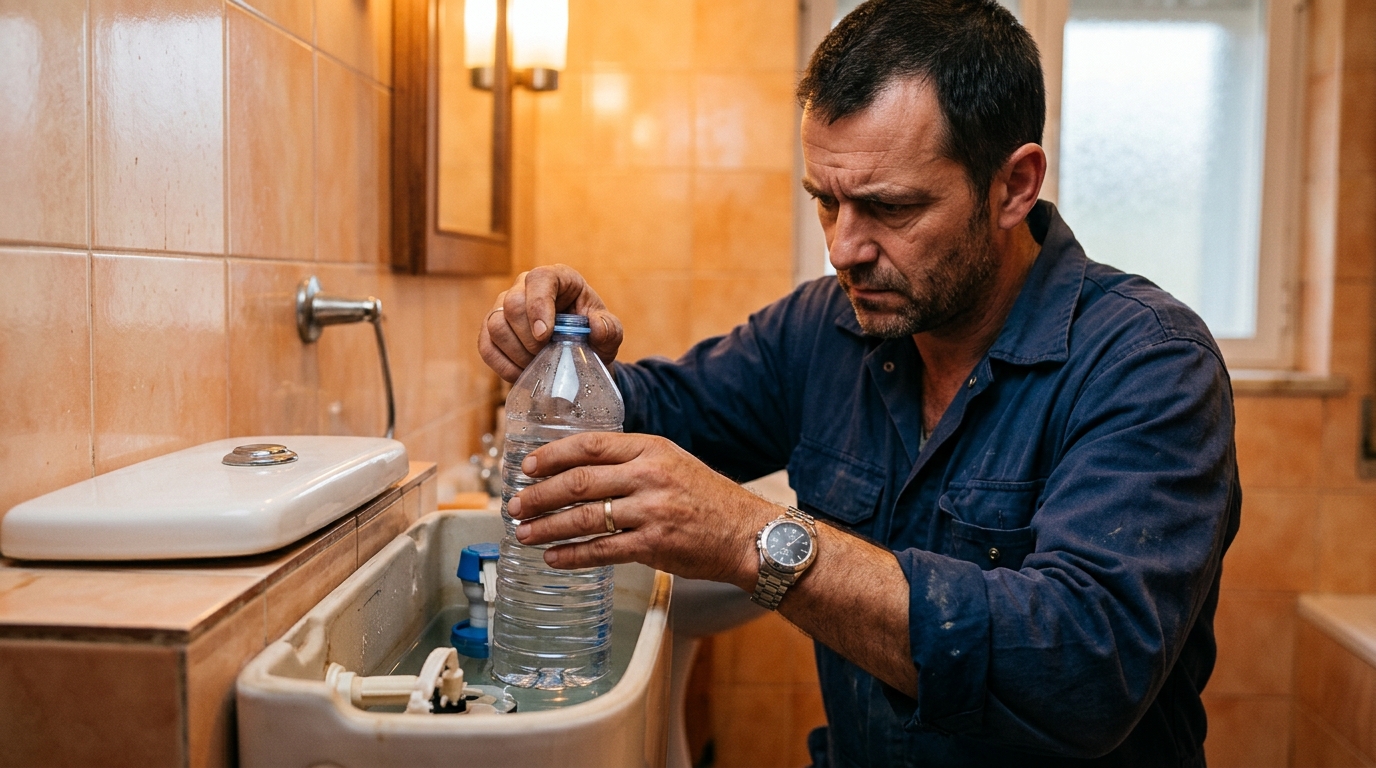 Homme glissant une bouteille d'eau dans le réservoir des toilettes
