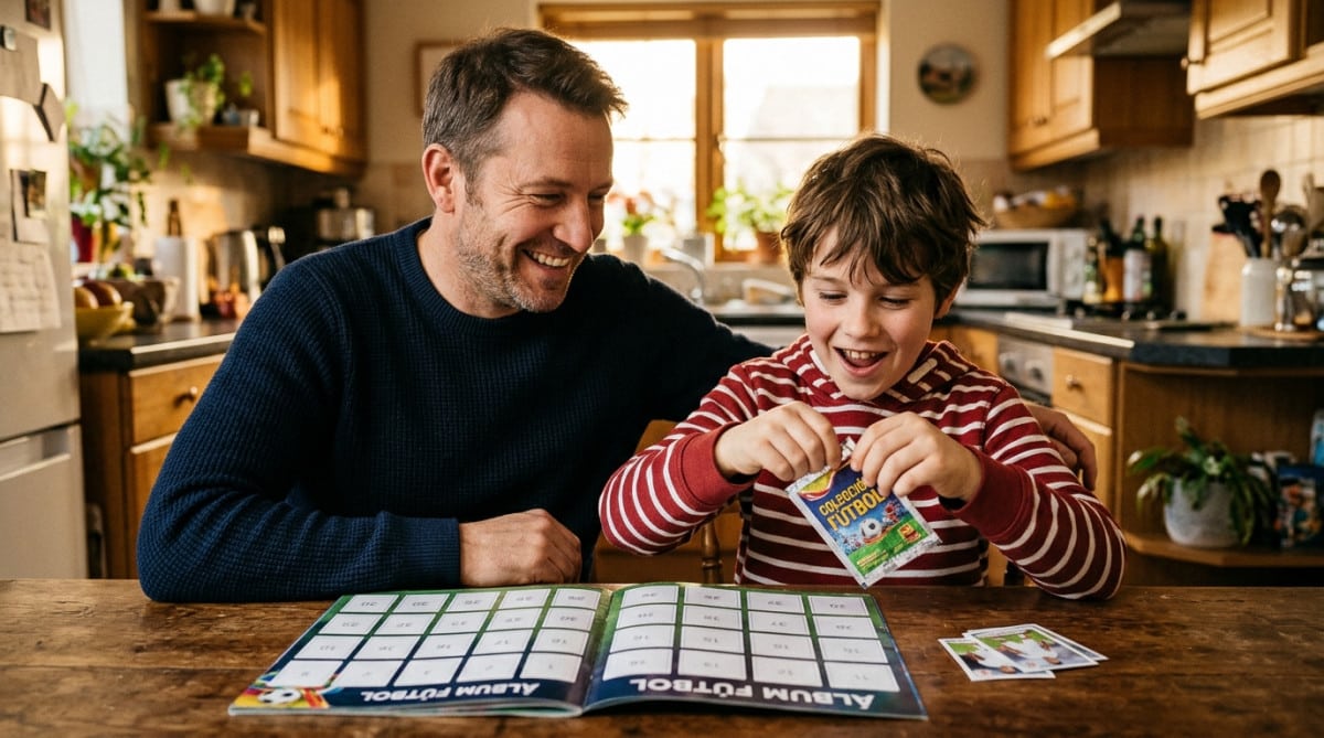 Père et fils ouvrant une pochette de stickers de foot