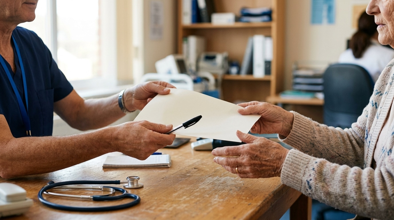 Mains d'un médecin tendant un questionnaire à un patient âgé