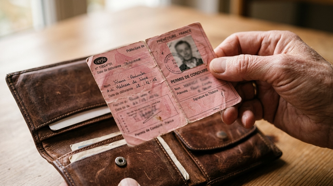 Vieux permis rose tenu au-dessus d'un portefeuille en cuir
