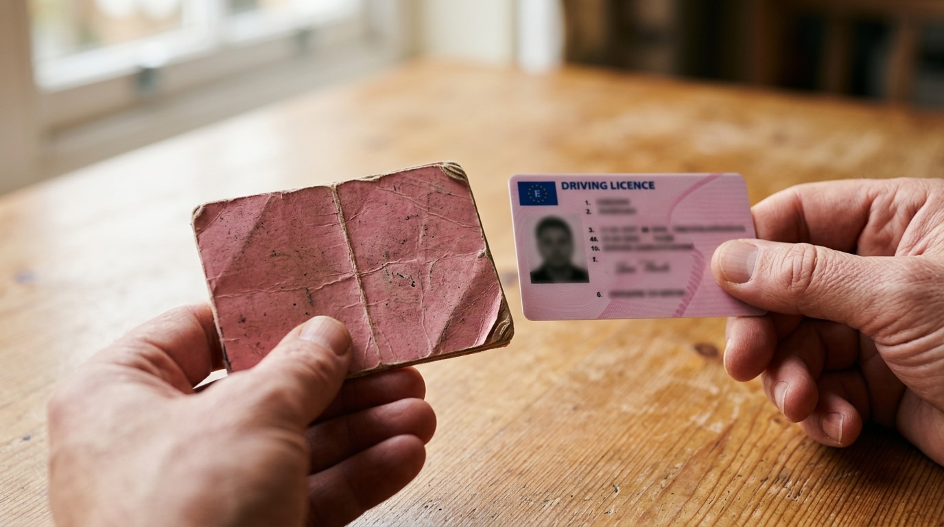 Ancien permis rose cartonné posé à côté d'un permis format carte