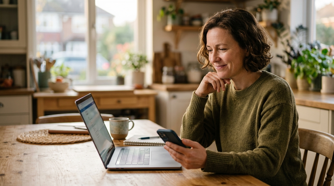 Personne soulagée devant son ordinateur et son smartphone à la maison