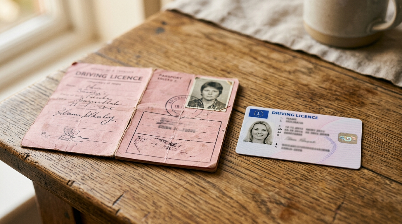 Ancien permis rose pliant posé près d'une carte moderne