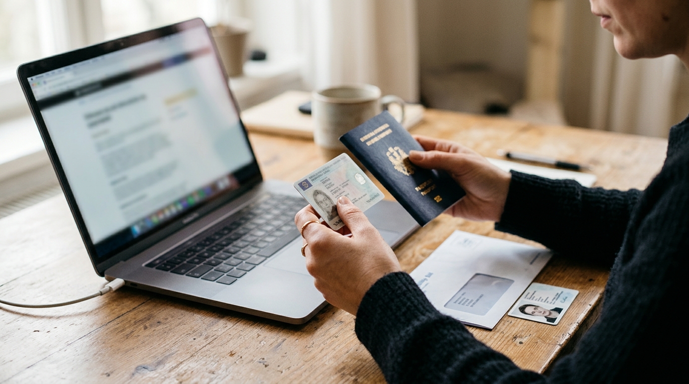 Mains avec pièce d'identité et passeport devant un ordinateur portable