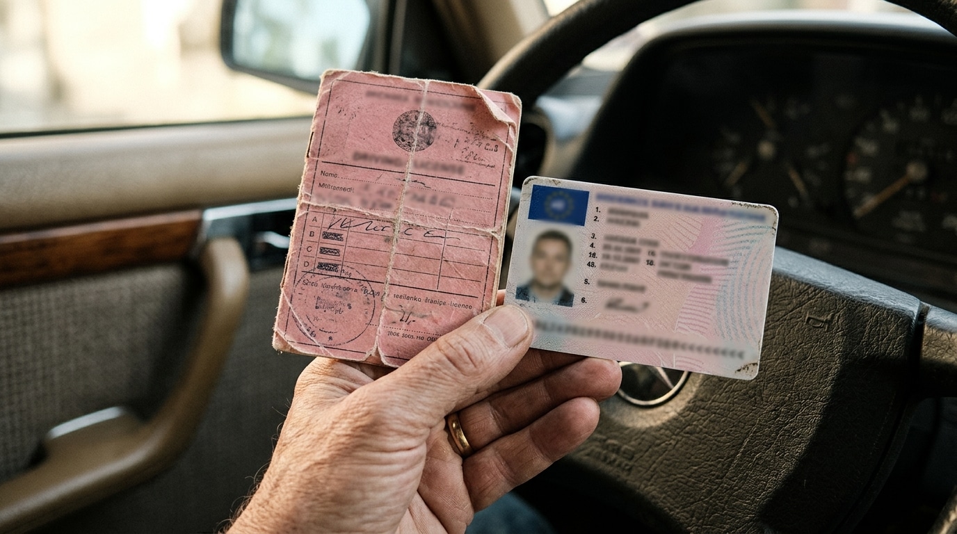 Vieux permis rose cartonné à côté d'une carte moderne