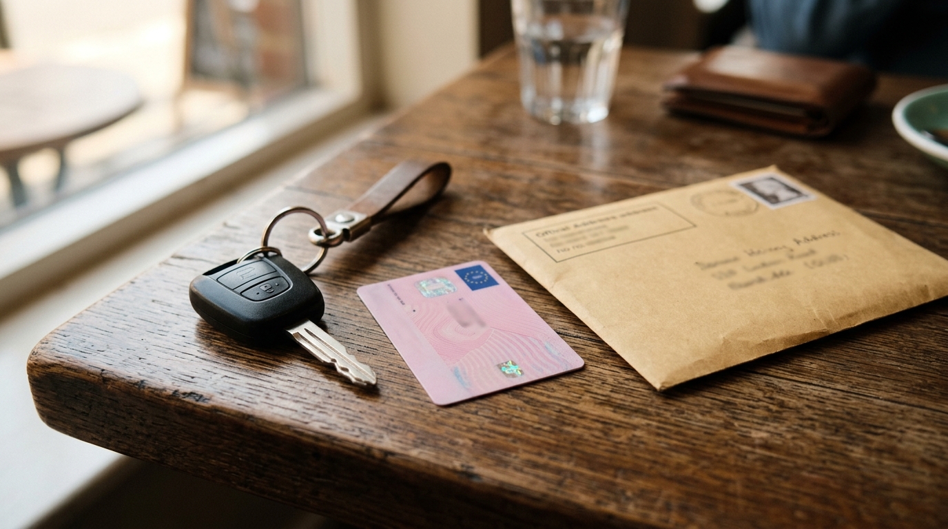 Clé de voiture et permis posés face cachée sur une table