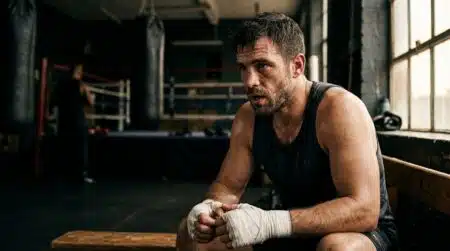 Combattant de MMA au regard déterminé dans une salle sombre