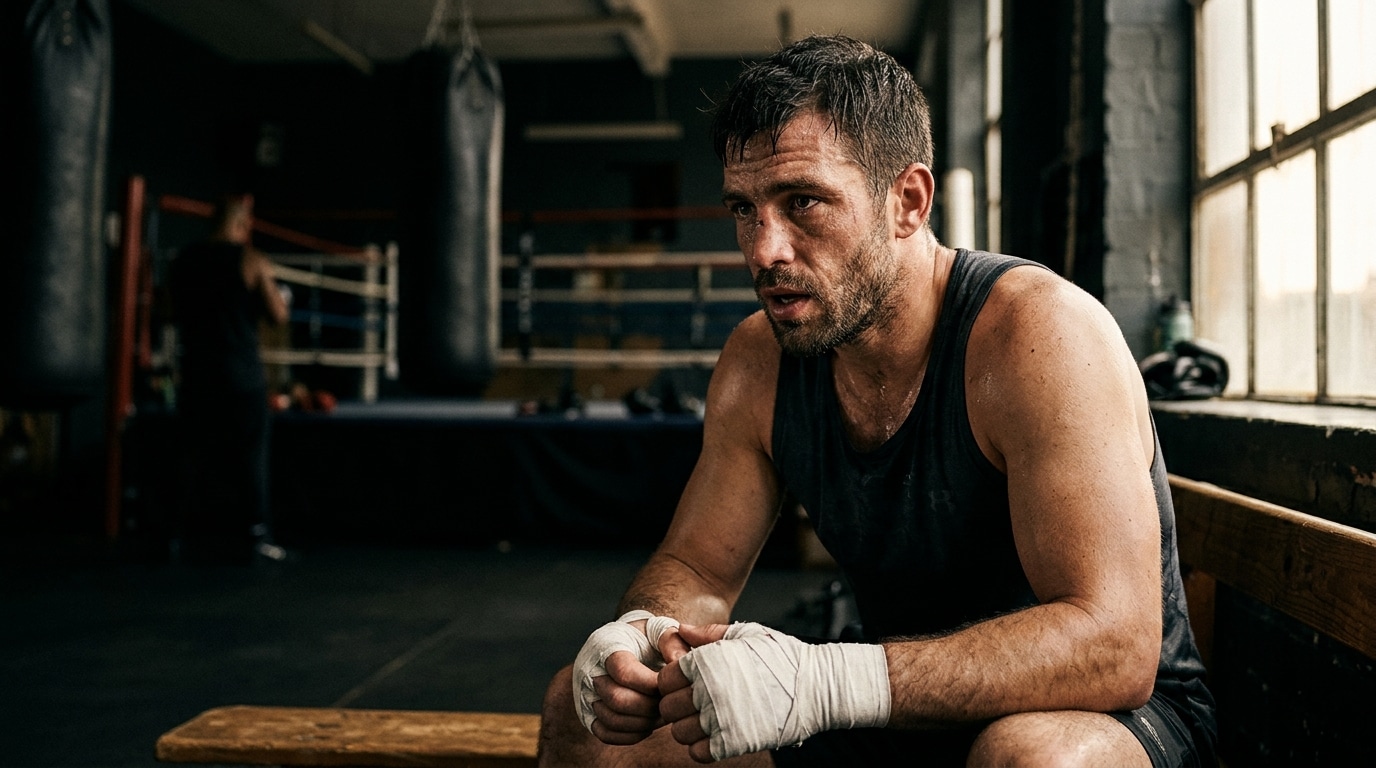 Combattant de MMA au regard déterminé dans une salle sombre