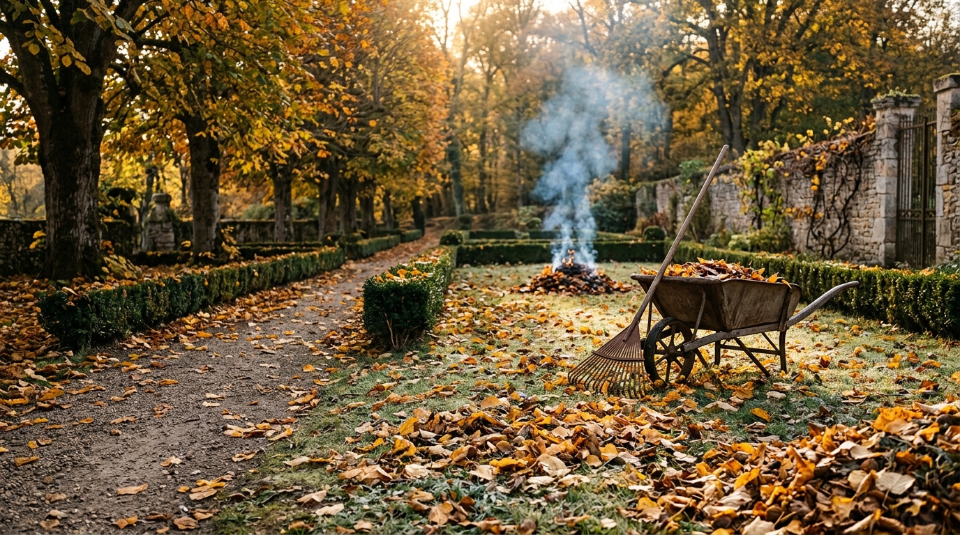 Tas de feuilles fumant au fond d'un jardin
