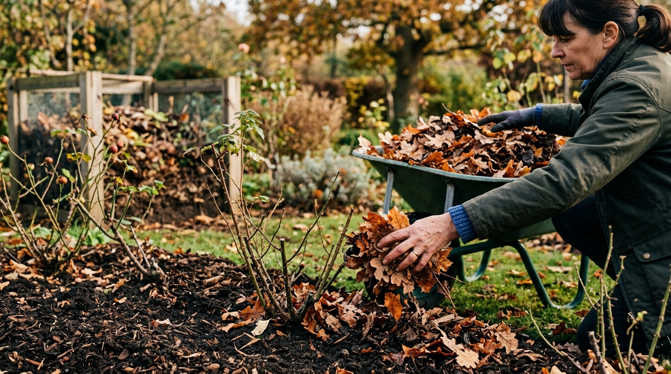 Brouette de feuilles étalées en paillage sous les rosiers