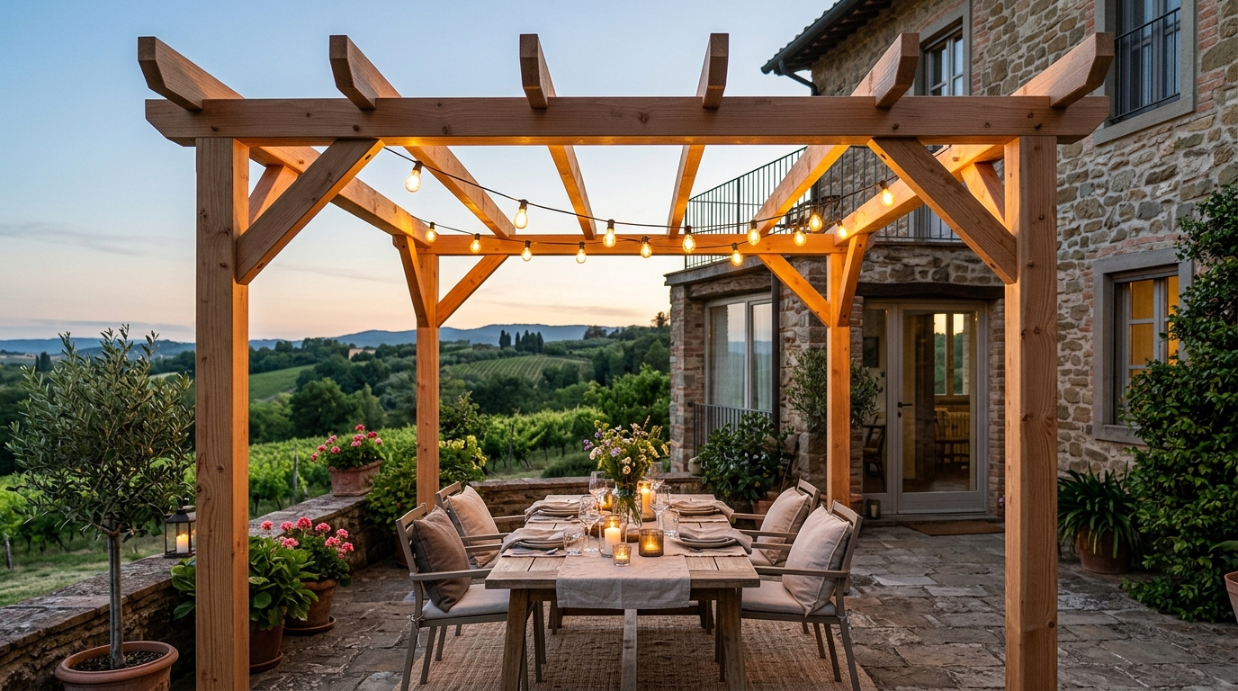 Pergola en bois dressée sur une terrasse au crépuscule