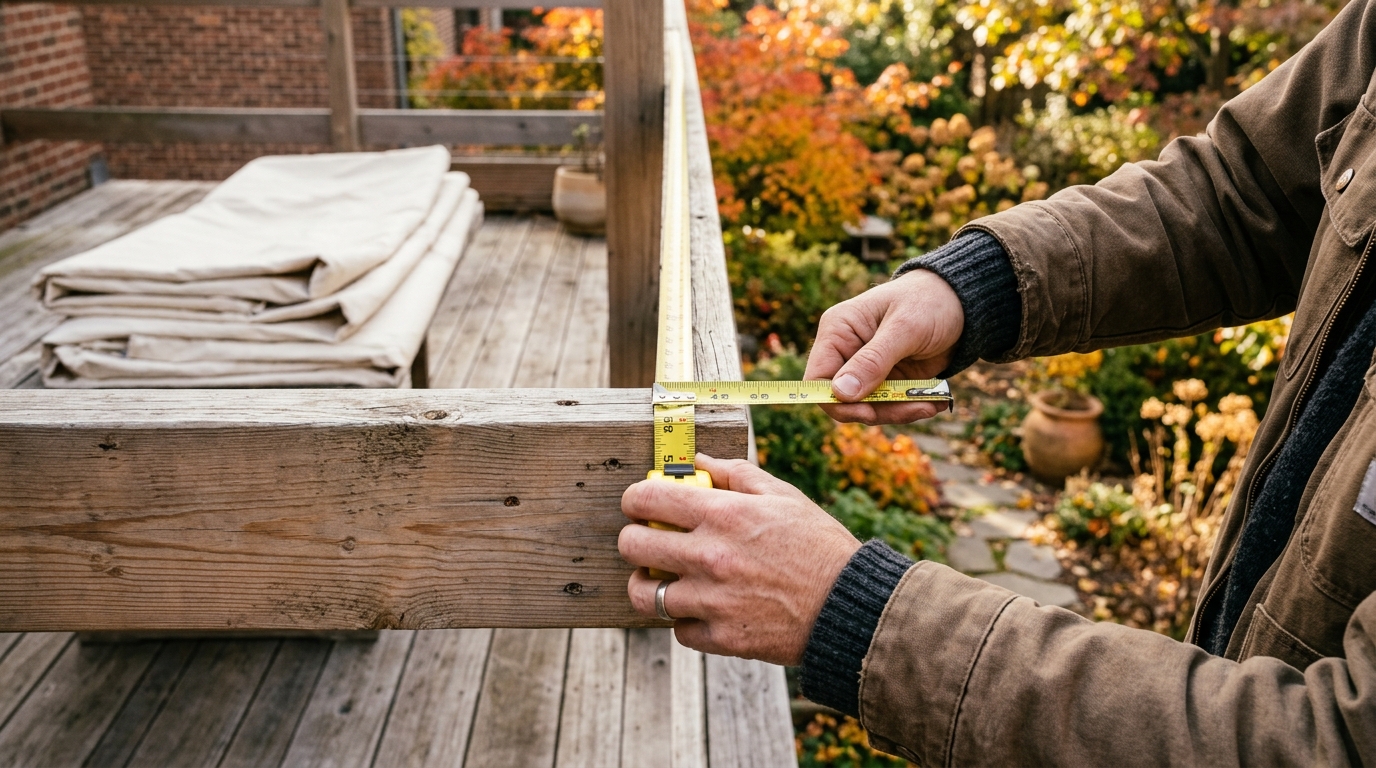 Mains mesurant avec un mètre ruban l'ossature d'une pergola