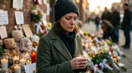 Femme en deuil devant un hommage de bougies et peluches