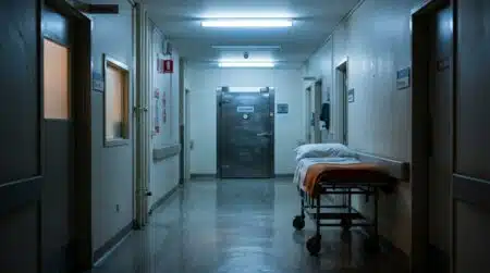 Couloir désert d'hôpital devant une porte de chambre froide