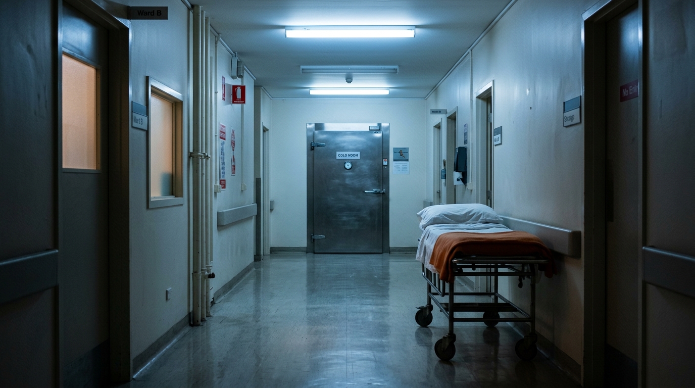 Couloir désert d'hôpital devant une porte de chambre froide