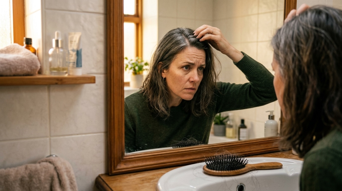 Femme inquiète examinant sa raie dans le miroir