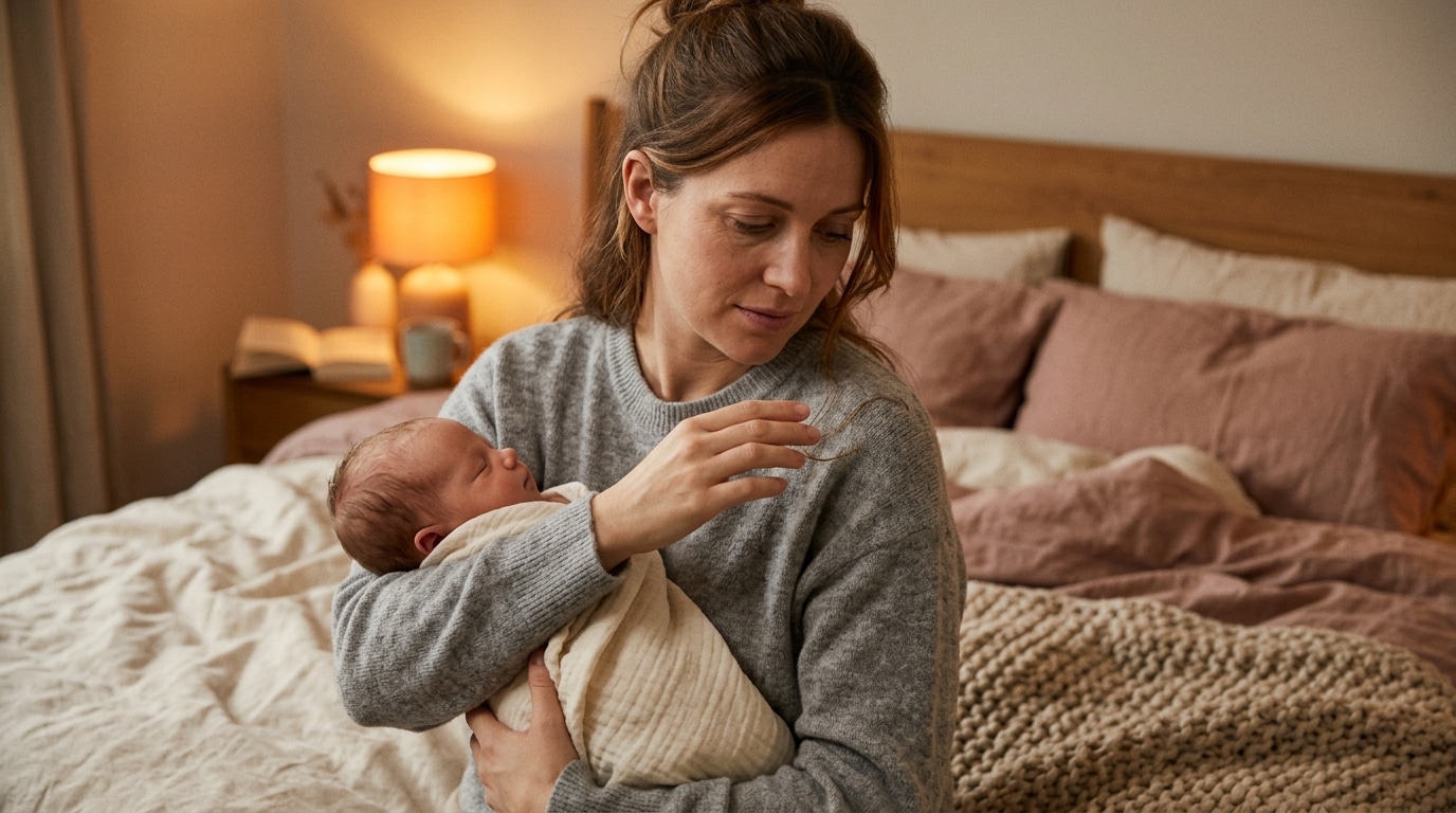 Jeune maman avec son bébé remarquant la chute de ses cheveux