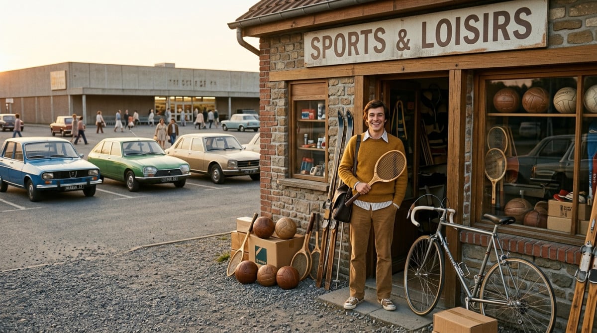 Petit magasin de sport sur un parking en 1976