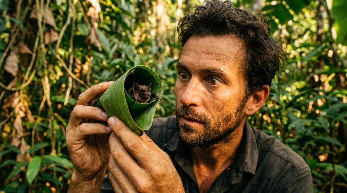 Petite chauve-souris tête en haut dans une feuille enroulée