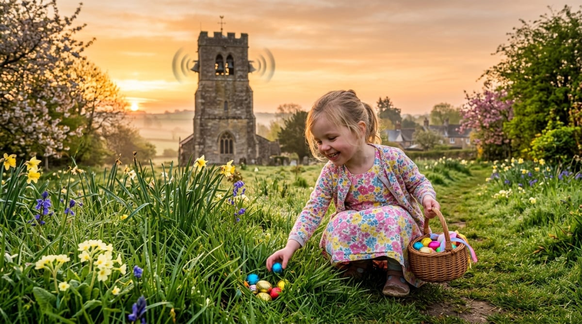 Petite fille cherchant des œufs dans le jardin à Pâques