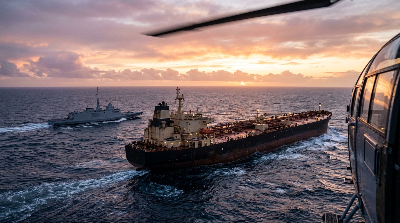 Pétrolier sombre en mer survolé par un hélicoptère