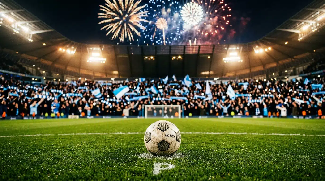 Ballon posé sur le point de penalty sous les feux d'artifice