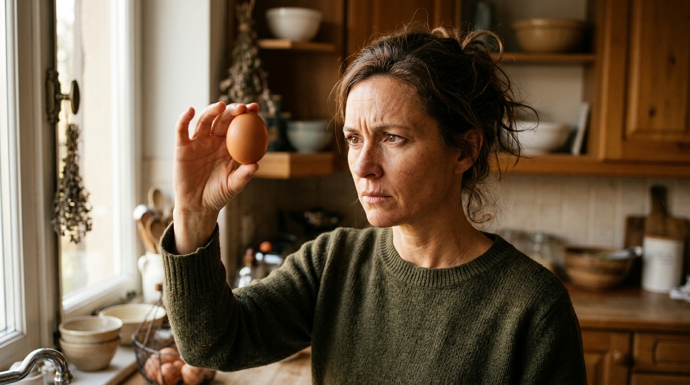Femme inquiète examinant un œuf à contre-jour dans sa cuisine