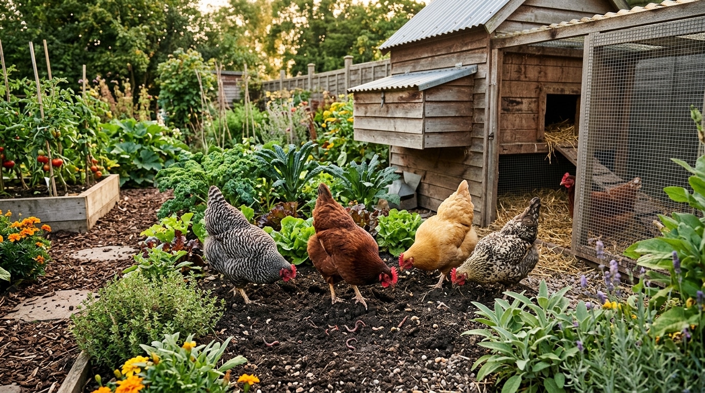 Poules grattant la terre d'un jardin près d'un poulailler