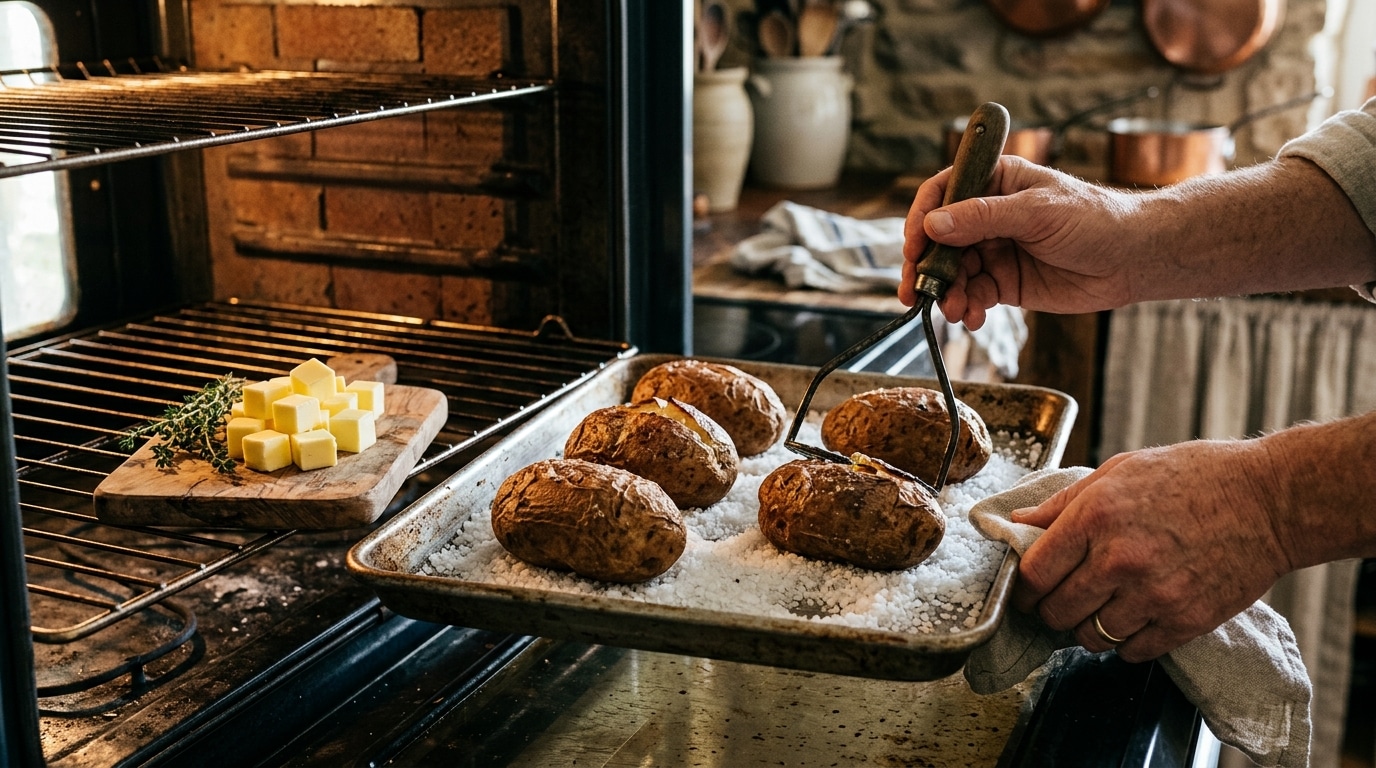 Pommes de terre cuites sur gros sel et dés de beurre
