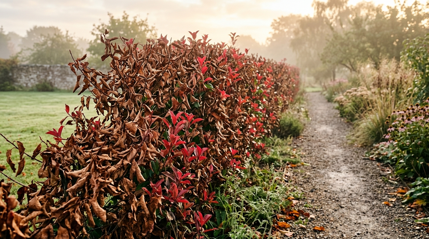 Haie de photinia aux feuilles brunies et pousses rouges