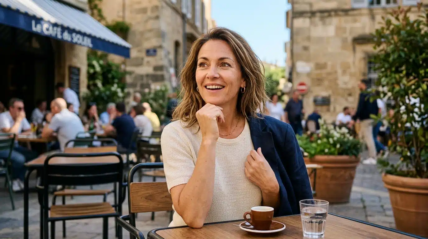 Personne surprise par la douceur sur une terrasse ensoleillée