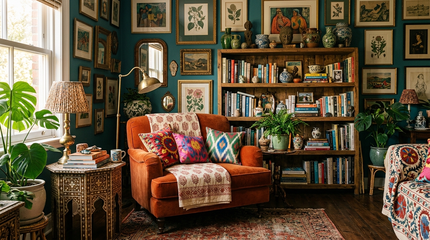Salon maximaliste aux motifs colorés et objets de collection