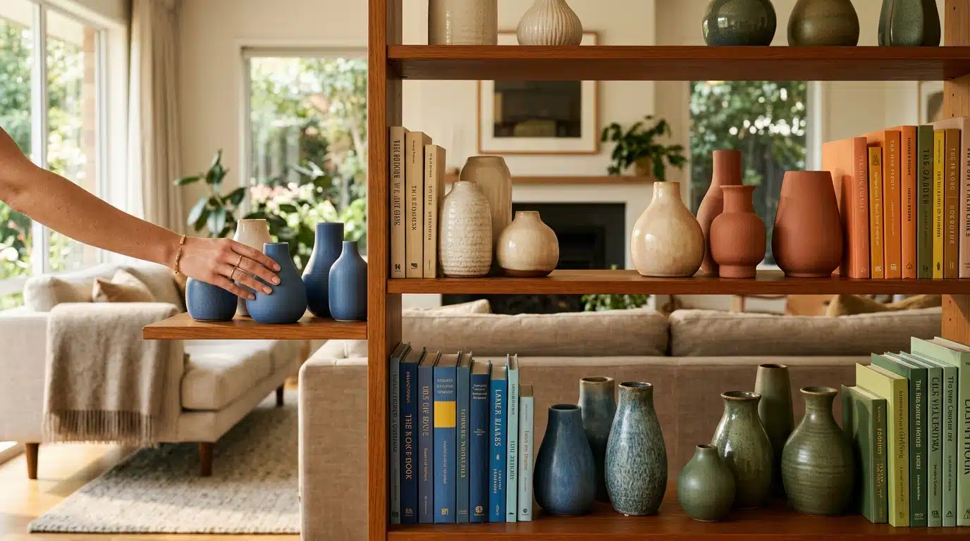 Étagère de vases et livres regroupés par couleurs