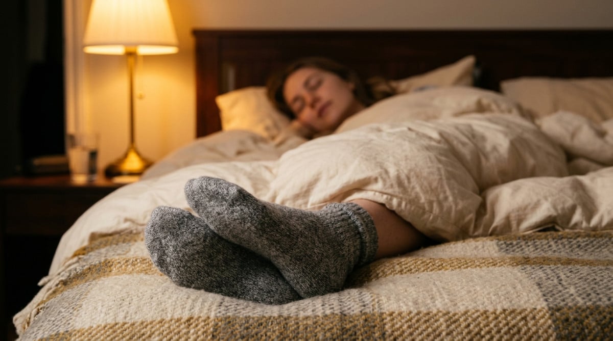 Pieds en chaussettes douces sous une couette chaude
