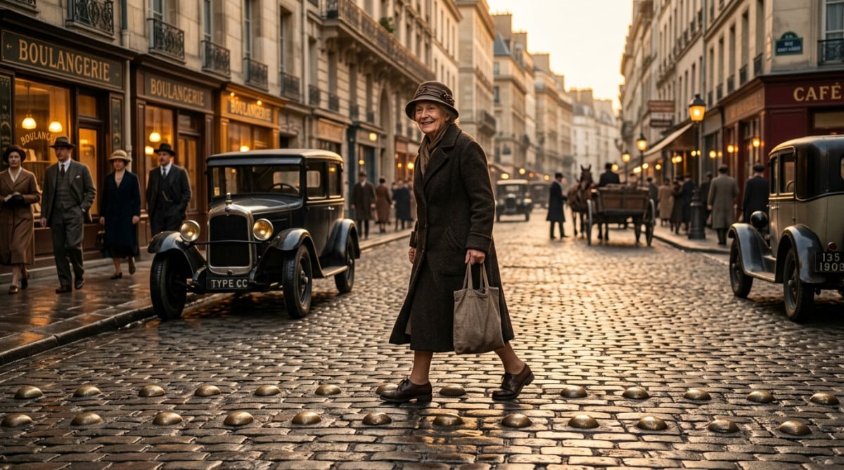 Piéton traversant entre deux rangées de gros clous à Paris